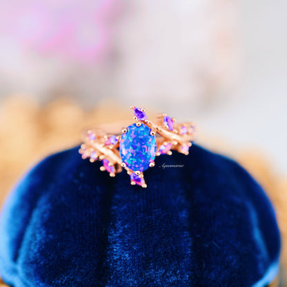 Starry Night Van Gogh Fire Opal & Rose Gold Leaf Couples Ring Set