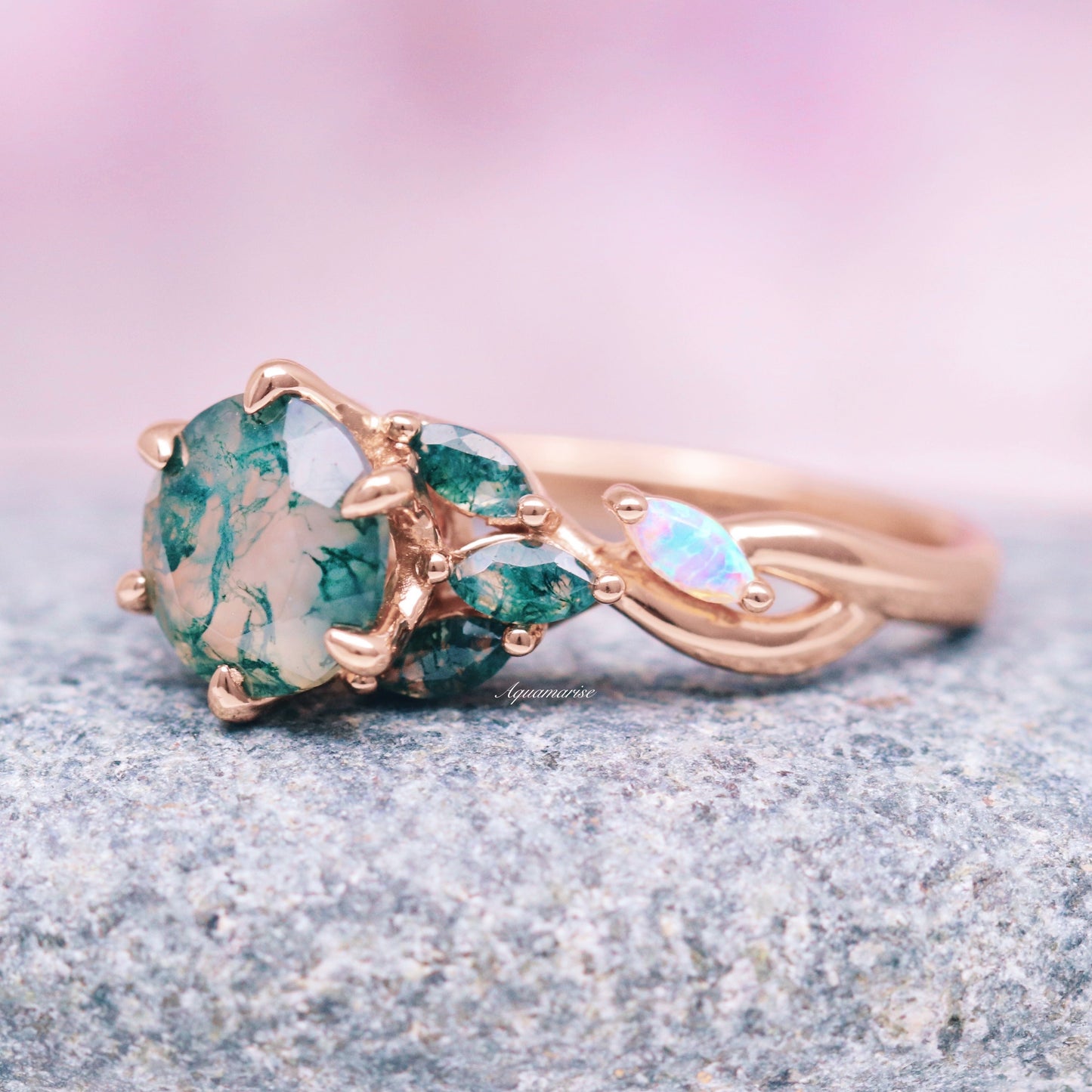 Enchanted Garden Moss Agate & Fire Opal Couples Ring Set