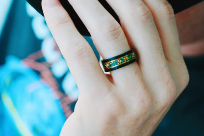 Green Moss Agate & Fire Opal & Gold Leaf Couples Ring Set