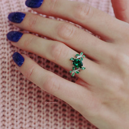 Oval Cut Emerald Leaf Couples Ring Set