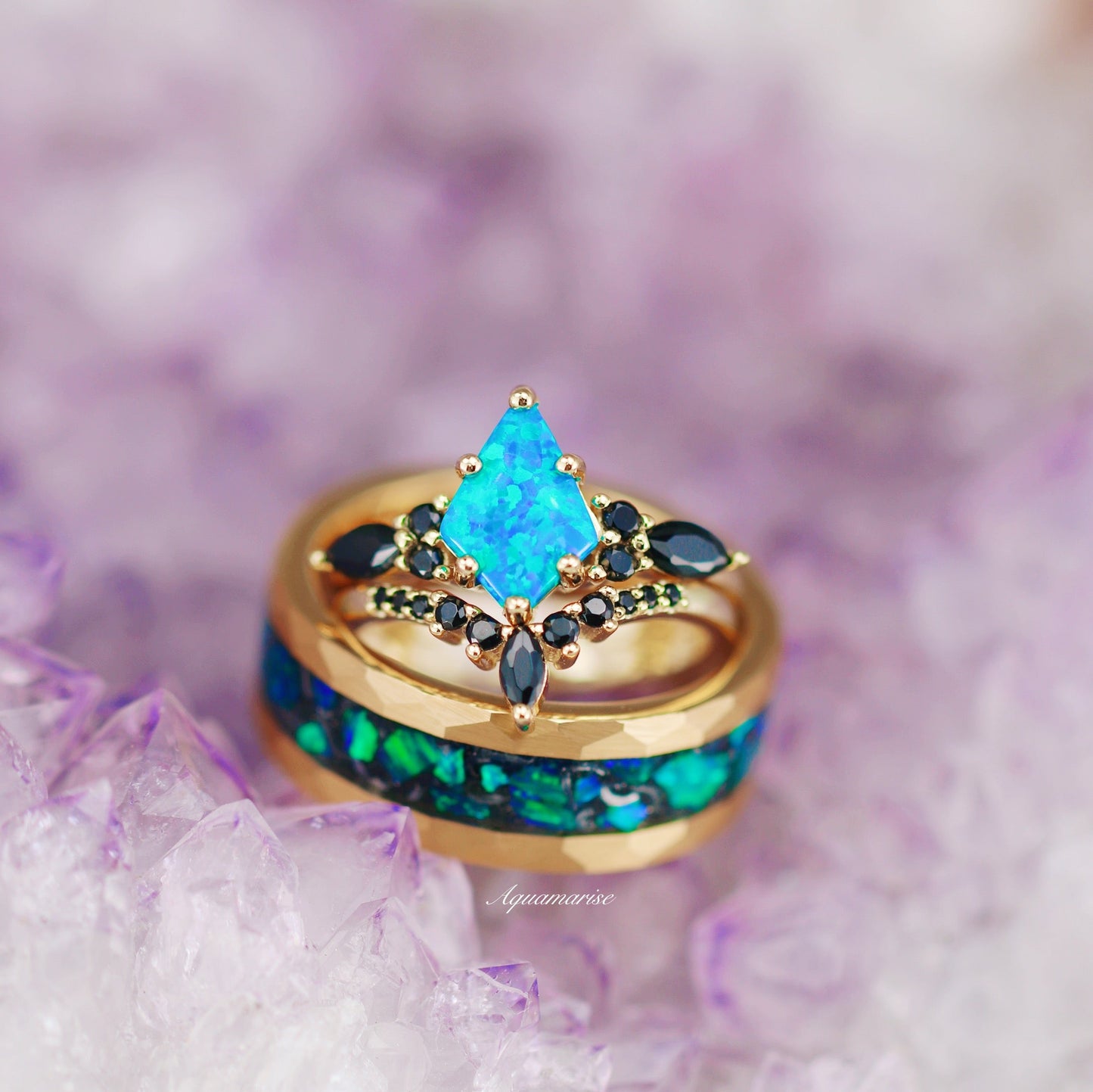 Skye Kite® Blue Fire Opal, Meteorite & Starry Night Couples Ring Set
