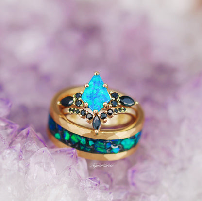 Skye Kite® Blue Fire Opal, Meteorite & Starry Night Couples Ring Set