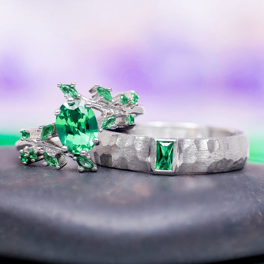 Oval Cut Emerald Leaf Couples Ring Set