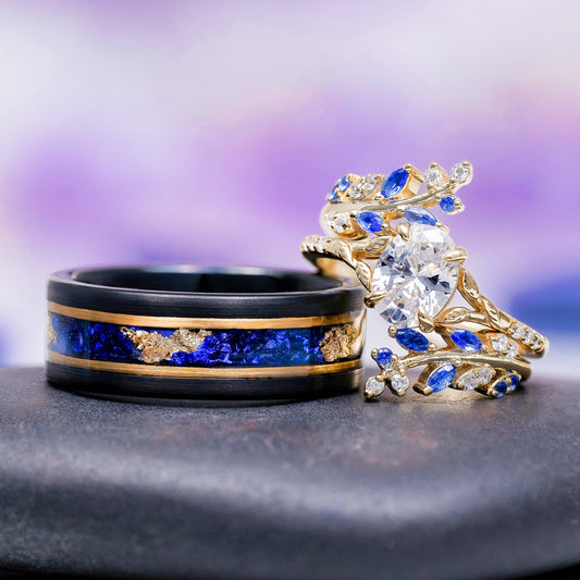Blue Sapphire & Simulated Diamond Gold Leaf Couples Ring Set