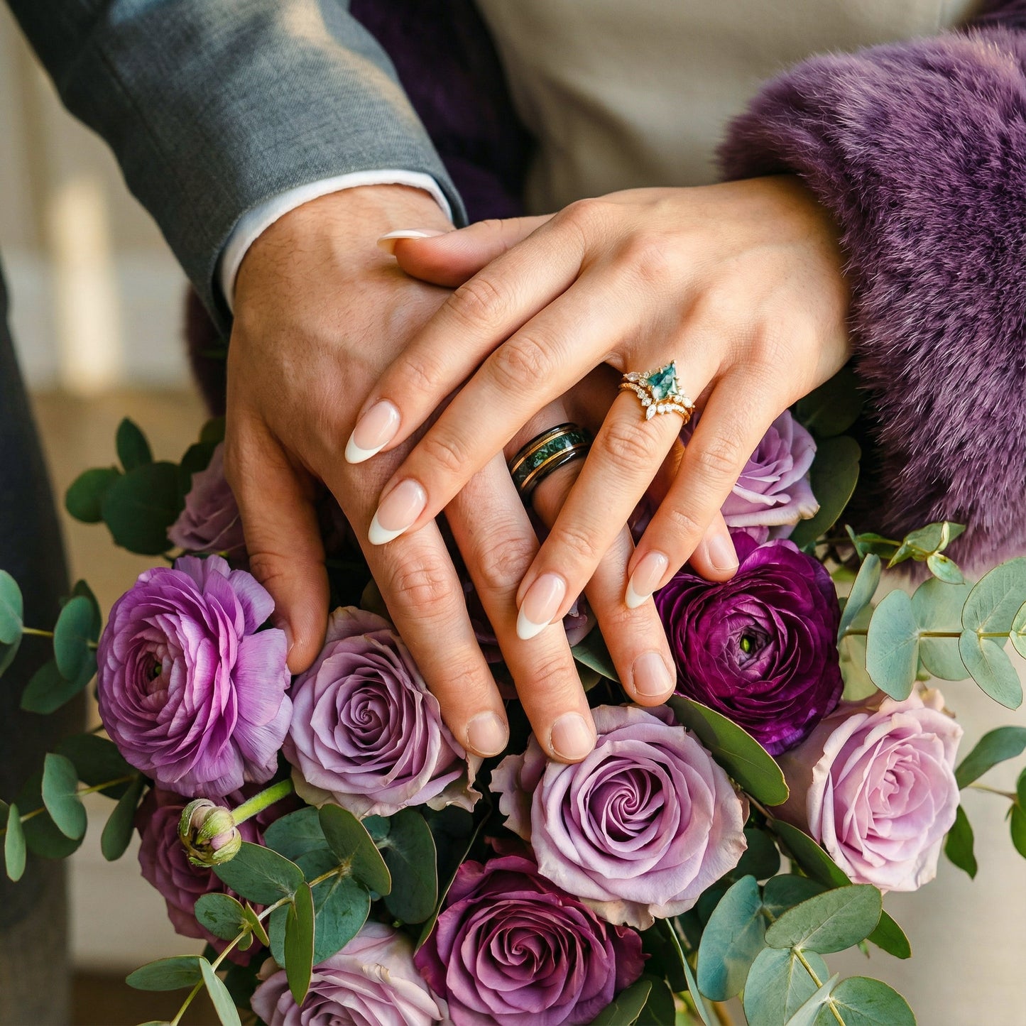 Skye Kite® Green Moss Agate & Whiskey Barrel Couples Ring Set