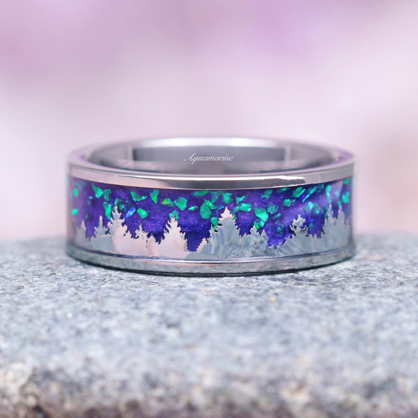 Borealis Forest & Teal Sapphire Couples Ring Set- Northern Lights & Trees