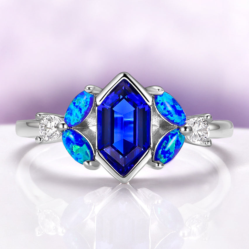 Blue Fire Opal & Sapphire Couples Ring Set