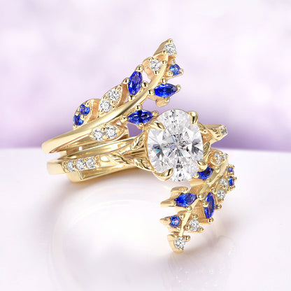Blue Sapphire & Simulated Diamond Gold Leaf Couples Ring Set