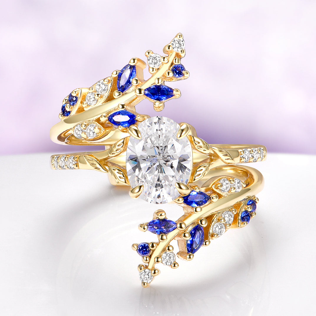 Blue Sapphire & Simulated Diamond Gold Leaf Couples Ring Set