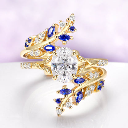 Blue Sapphire & Simulated Diamond Gold Leaf Couples Ring Set