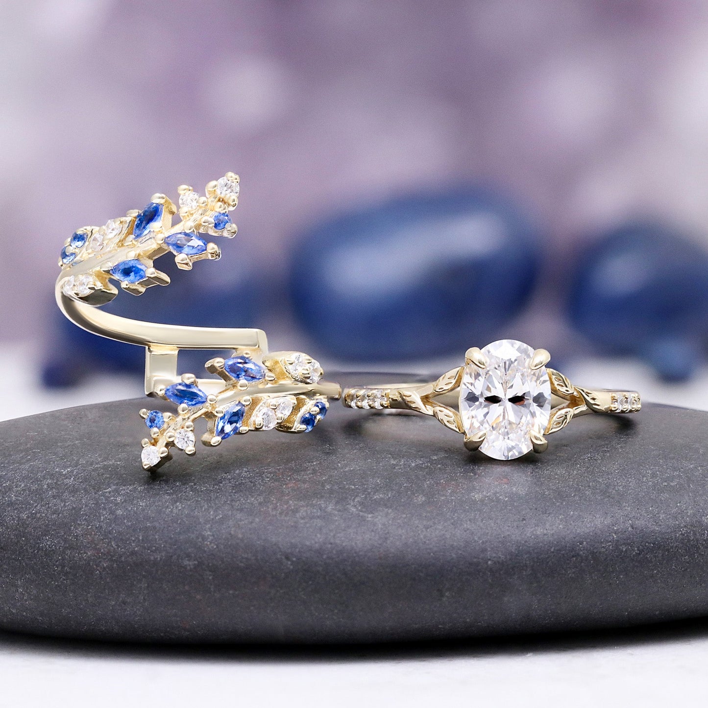 Blue Sapphire & Simulated Diamond Gold Leaf Couples Ring Set