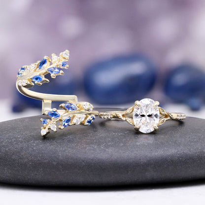 Blue Sapphire & Simulated Diamond Gold Leaf Couples Ring Set