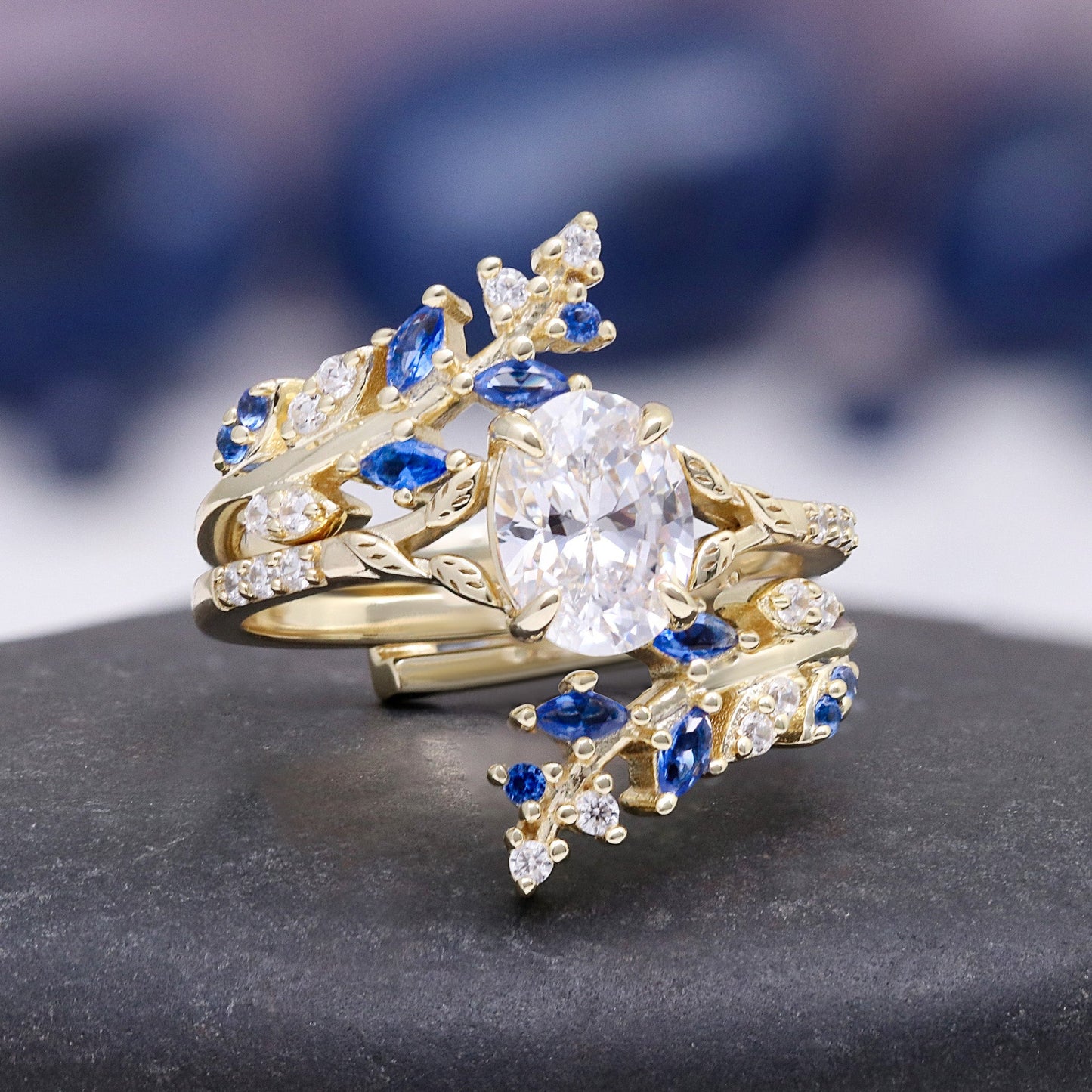 Blue Sapphire & Simulated Diamond Gold Leaf Couples Ring Set