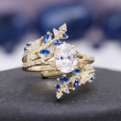 Blue Sapphire & Simulated Diamond Gold Leaf Couples Ring Set