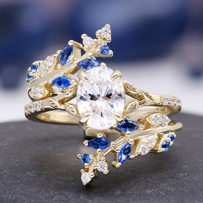 Blue Sapphire & Simulated Diamond Gold Leaf Couples Ring Set
