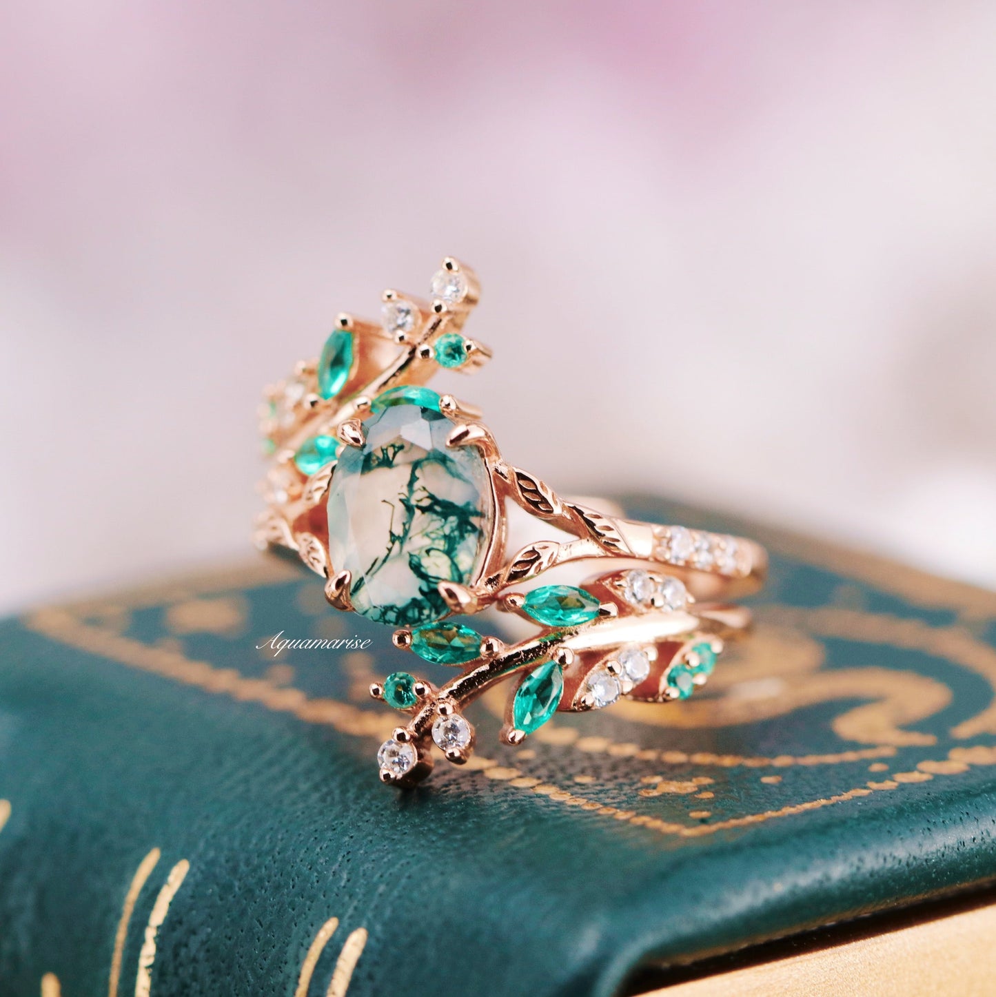 Green Fire Opal & Moss Agate Leaf Couples Ring Set