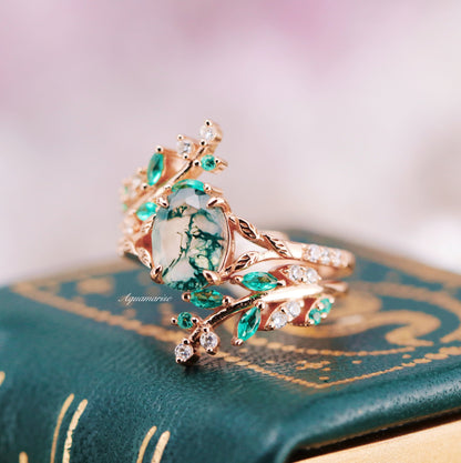 Green Fire Opal & Moss Agate Leaf Couples Ring Set