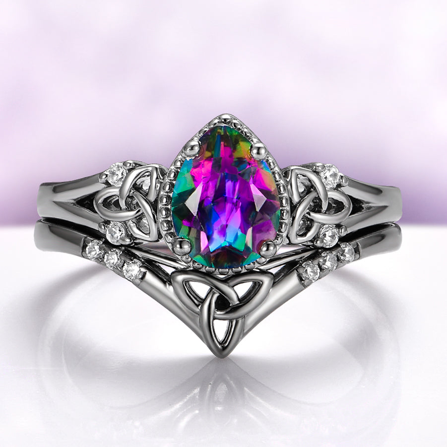 Mystic Topaz & Galaxy Fire Opal Celtic Couples Ring Set