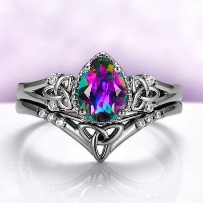 Mystic Topaz & Galaxy Fire Opal Celtic Couples Ring Set