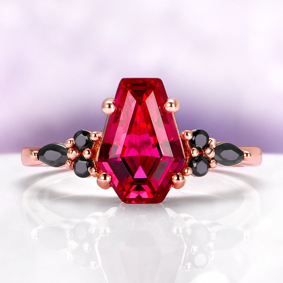 Coffin Cut Ruby and Rose Gold Leaf Couples Ring Set