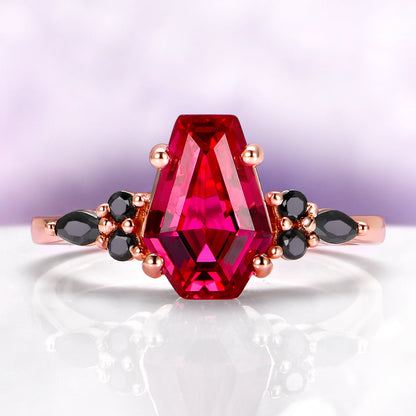 Coffin Cut Ruby and Rose Gold Leaf Couples Ring Set