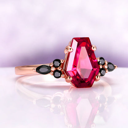 Coffin Cut Ruby and Rose Gold Leaf Couples Ring Set