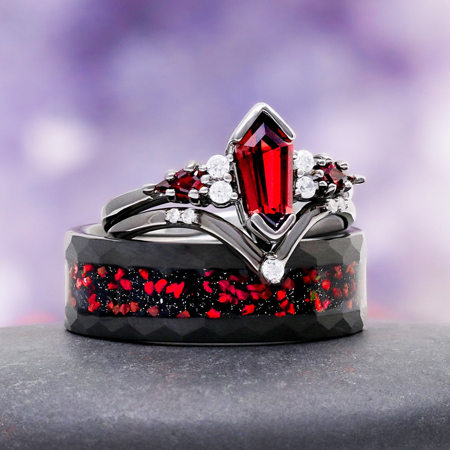 Natural Garnet & Red Fire Opal Couples Ring Set