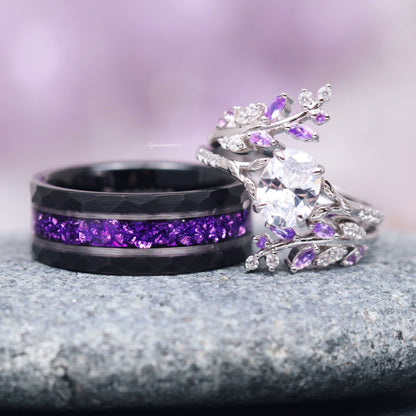 Simulated Diamond & Amethyst Leaf Couples Ring Set