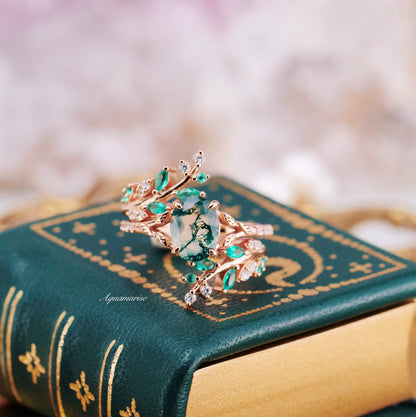 Green Fire Opal & Moss Agate Leaf Couples Ring Set