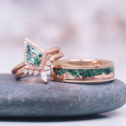 Mountain Range Green Moss Agate Couples Ring Set