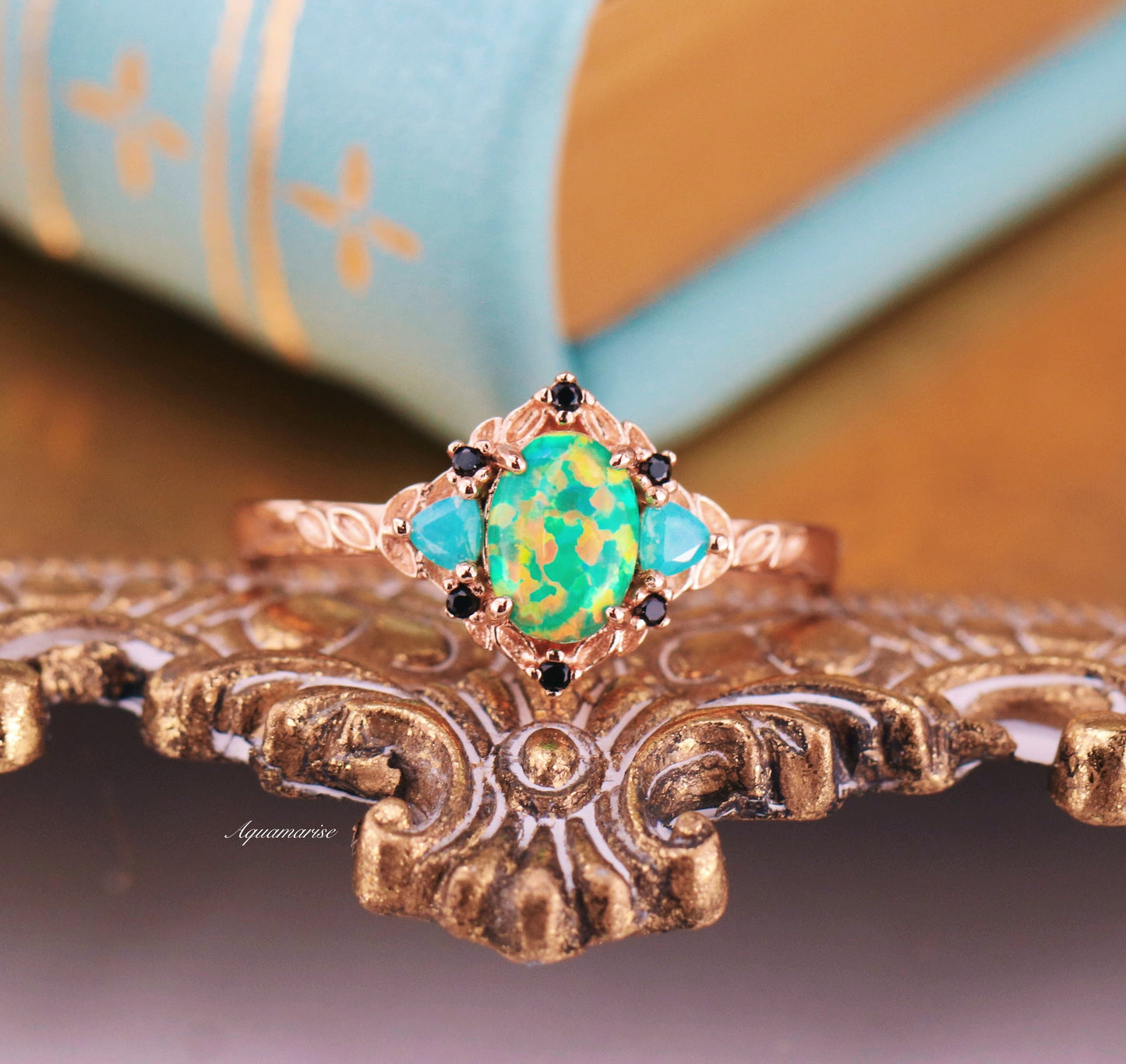 Eldoria Green Fire Opal & Rose Gold Couples Ring Set