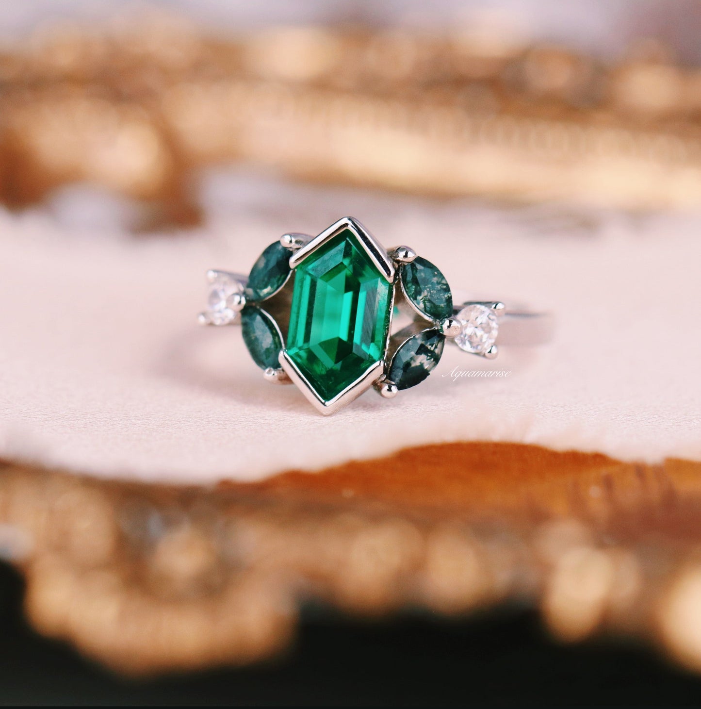 Hexagon Emerald & Moss Agate Couples Ring Set