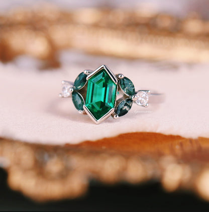 Hexagon Emerald & Moss Agate Couples Ring Set
