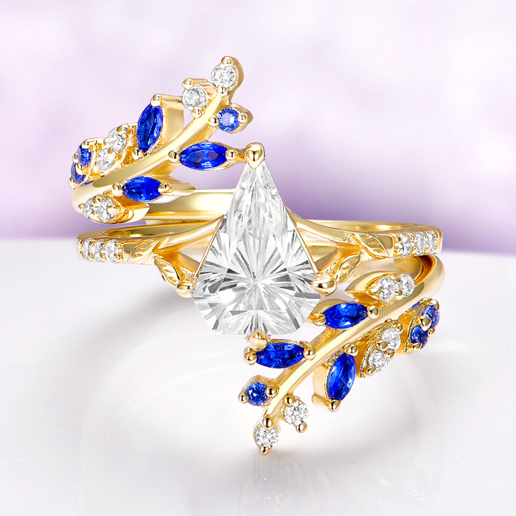 Blue Sapphire & Fantasy Shield Cut Diamond Couples Ring Set