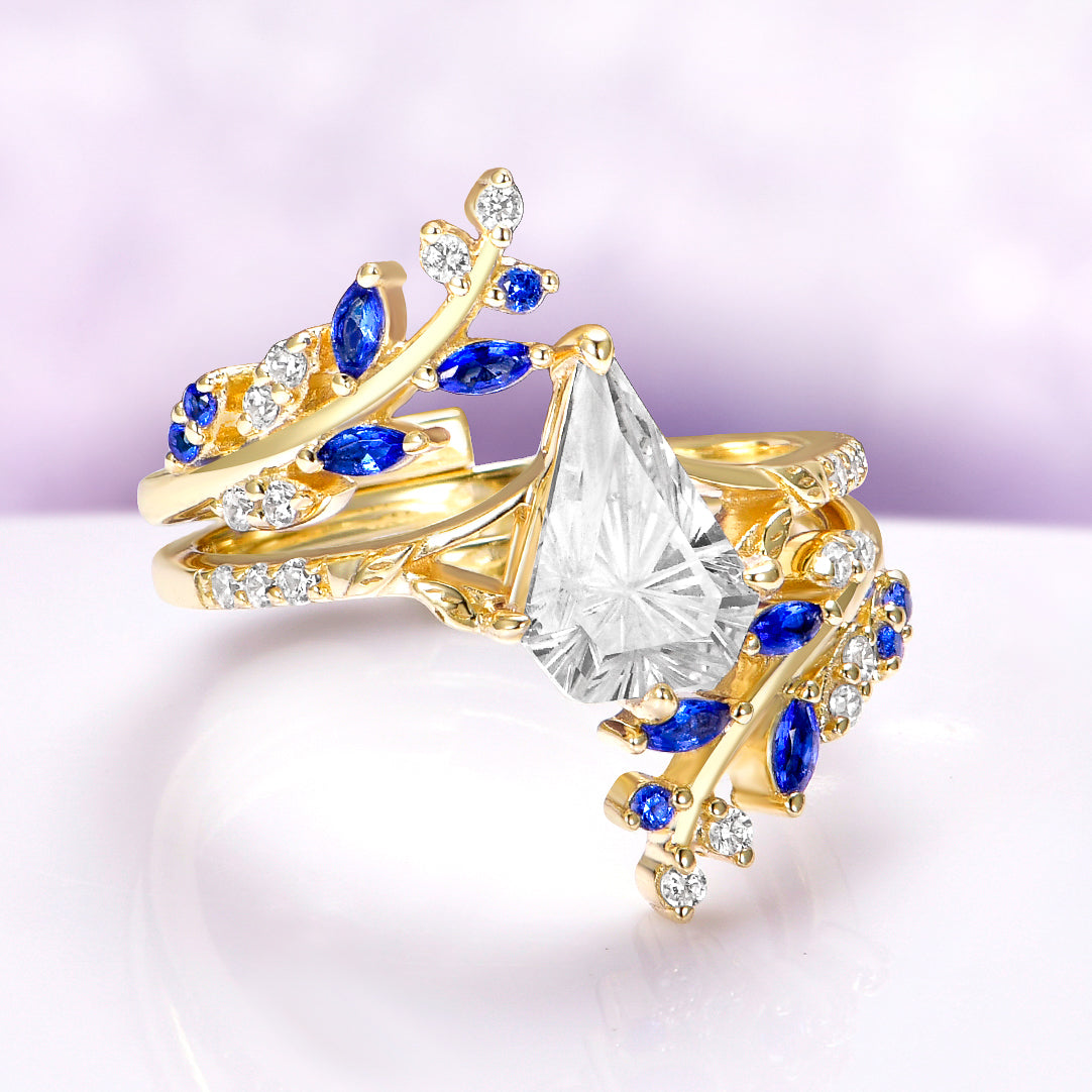 Blue Sapphire & Fantasy Shield Cut Diamond Couples Ring Set