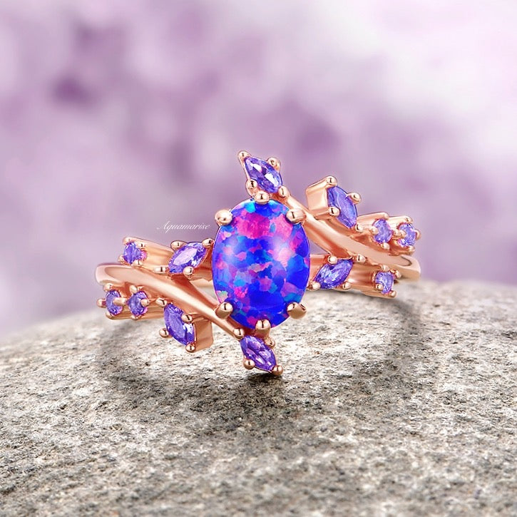 Starry Night Van Gogh Fire Opal & Rose Gold Leaf Couples Ring Set