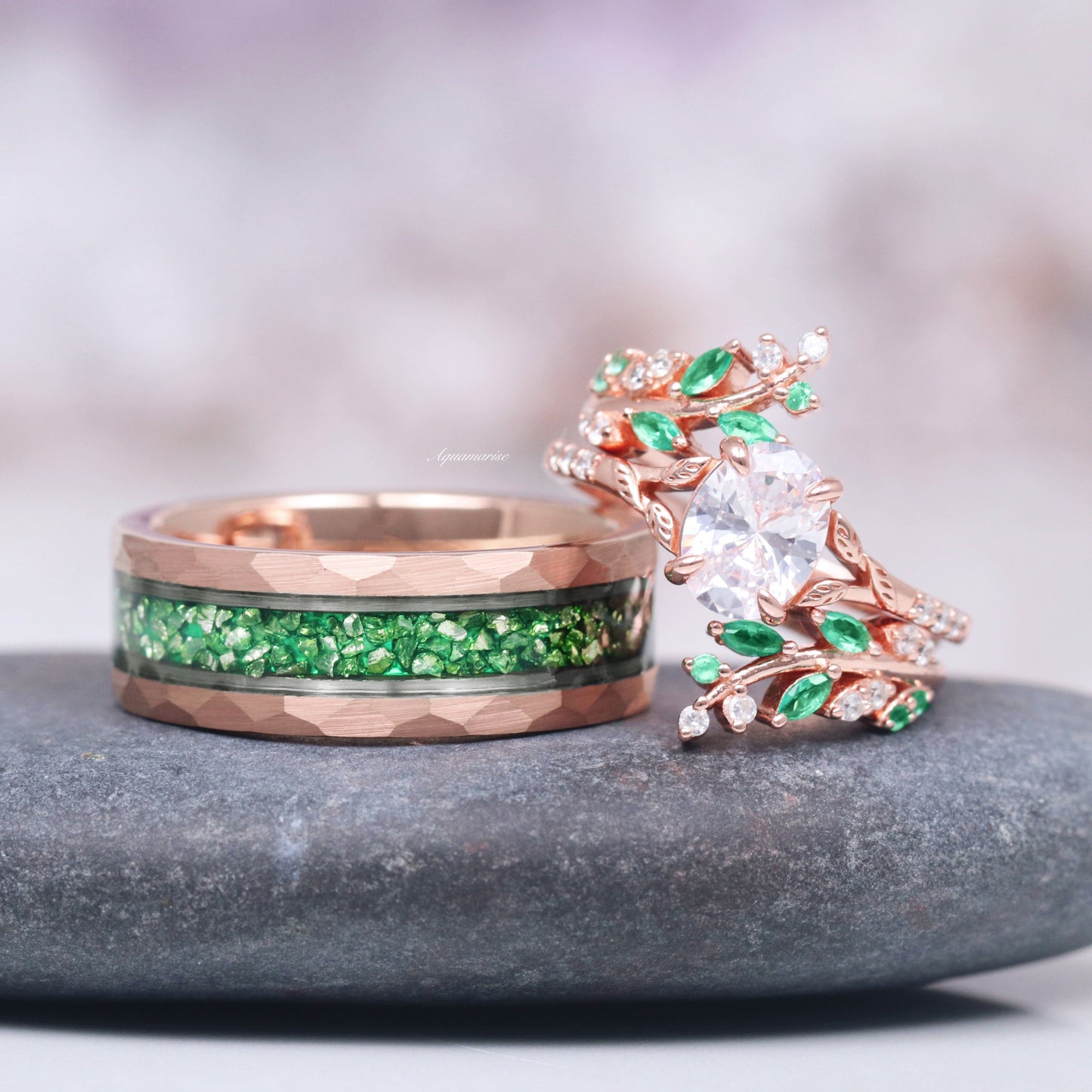 Simulated Diamond & Emerald Leaf Couples Ring Set