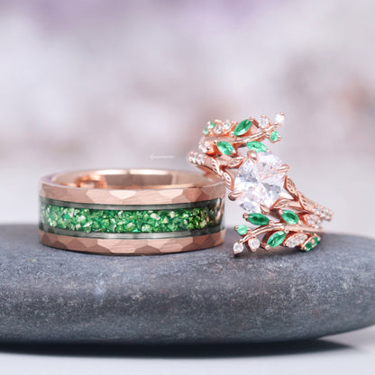 Simulated Diamond & Emerald Leaf Couples Ring Set