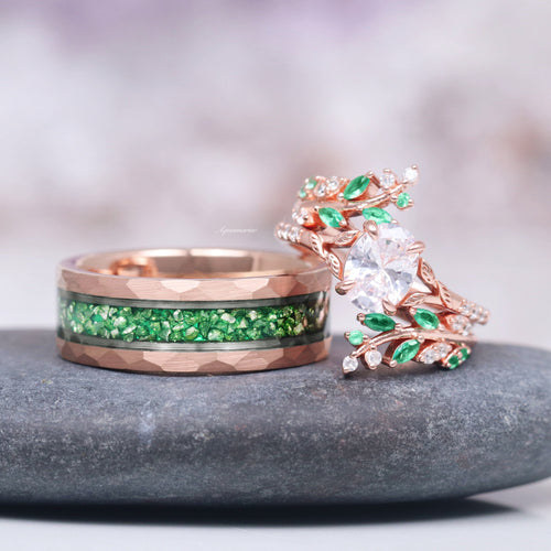 Simulated Diamond & Emerald Leaf Couples Ring Set