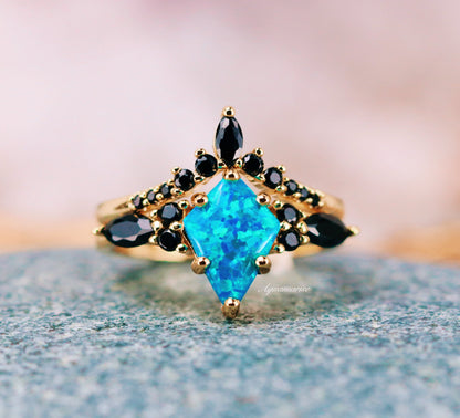 Skye Kite® Blue Fire Opal, Meteorite & Starry Night Couples Ring Set