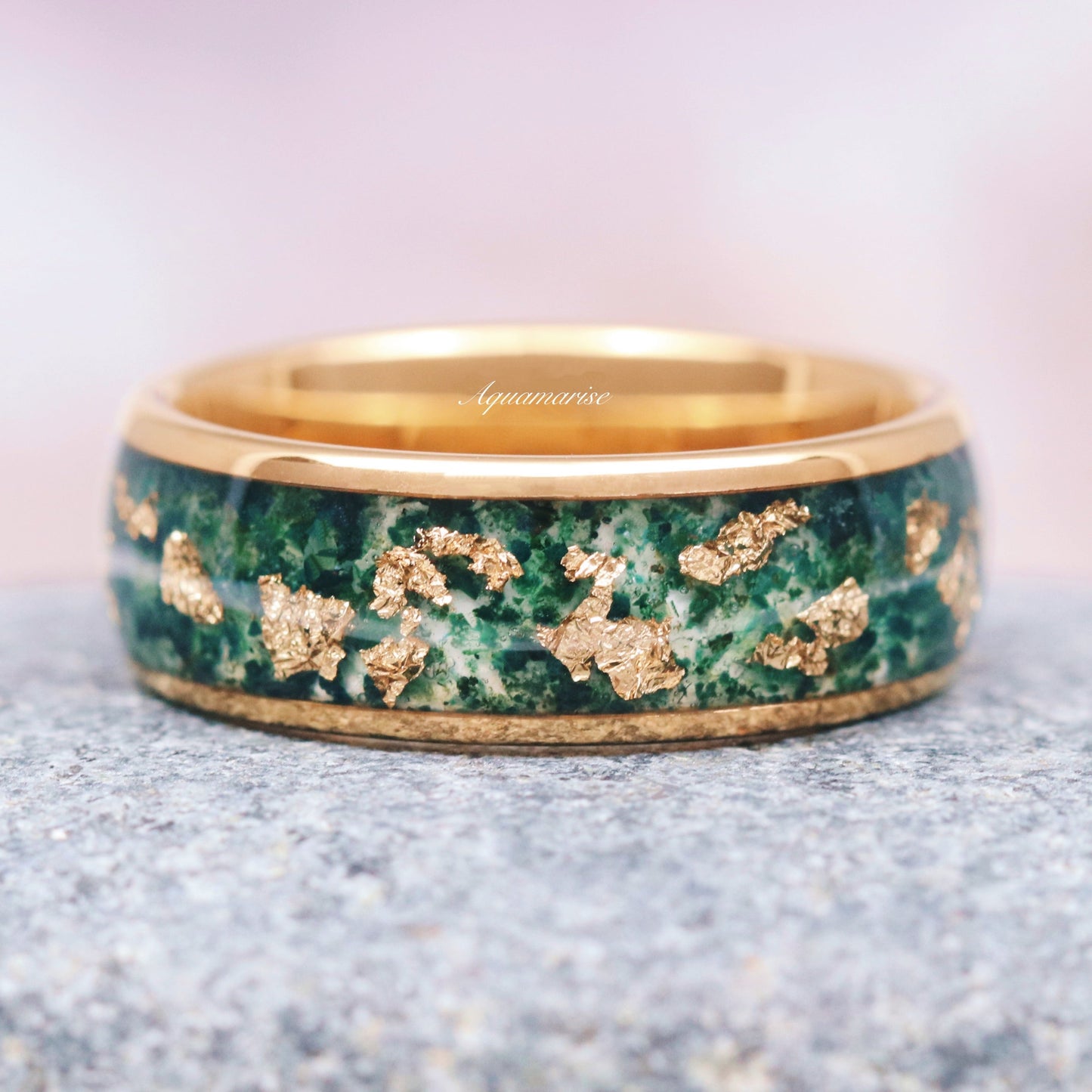Celtic Knot Moss Agate & Gold Leaf Couples Ring Set