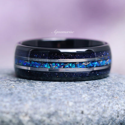 Starry Night and Fire Opal Leaf Couples Ring Set