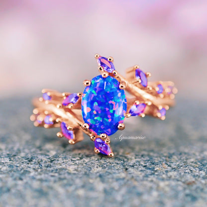 Starry Night Van Gogh Fire Opal & Rose Gold Leaf Couples Ring Set