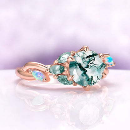 Enchanted Garden Moss Agate & Fire Opal Couples Ring Set