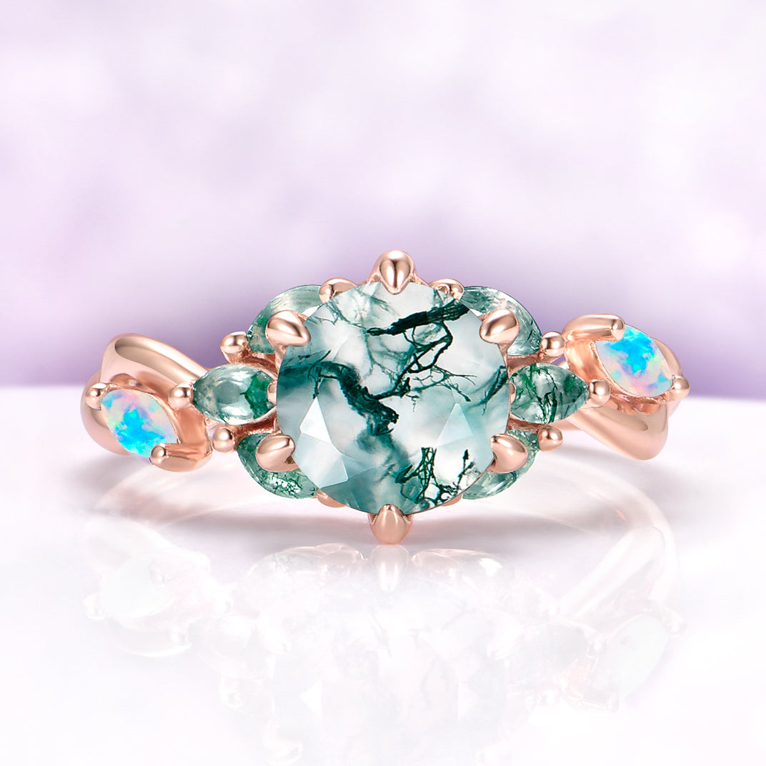 Enchanted Garden Moss Agate & Fire Opal Couples Ring Set
