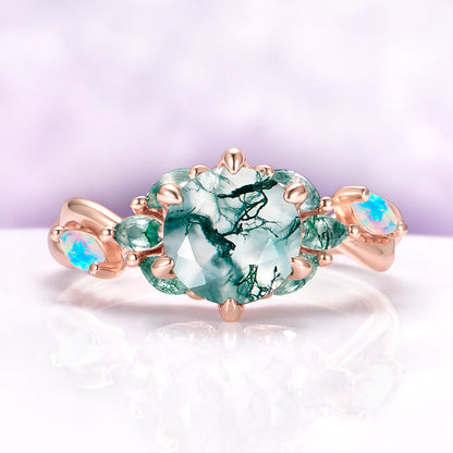 Enchanted Garden Moss Agate & Fire Opal Couples Ring Set