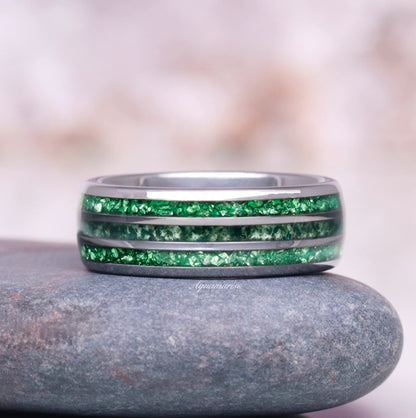 Hexagon Emerald & Moss Agate Couples Ring Set