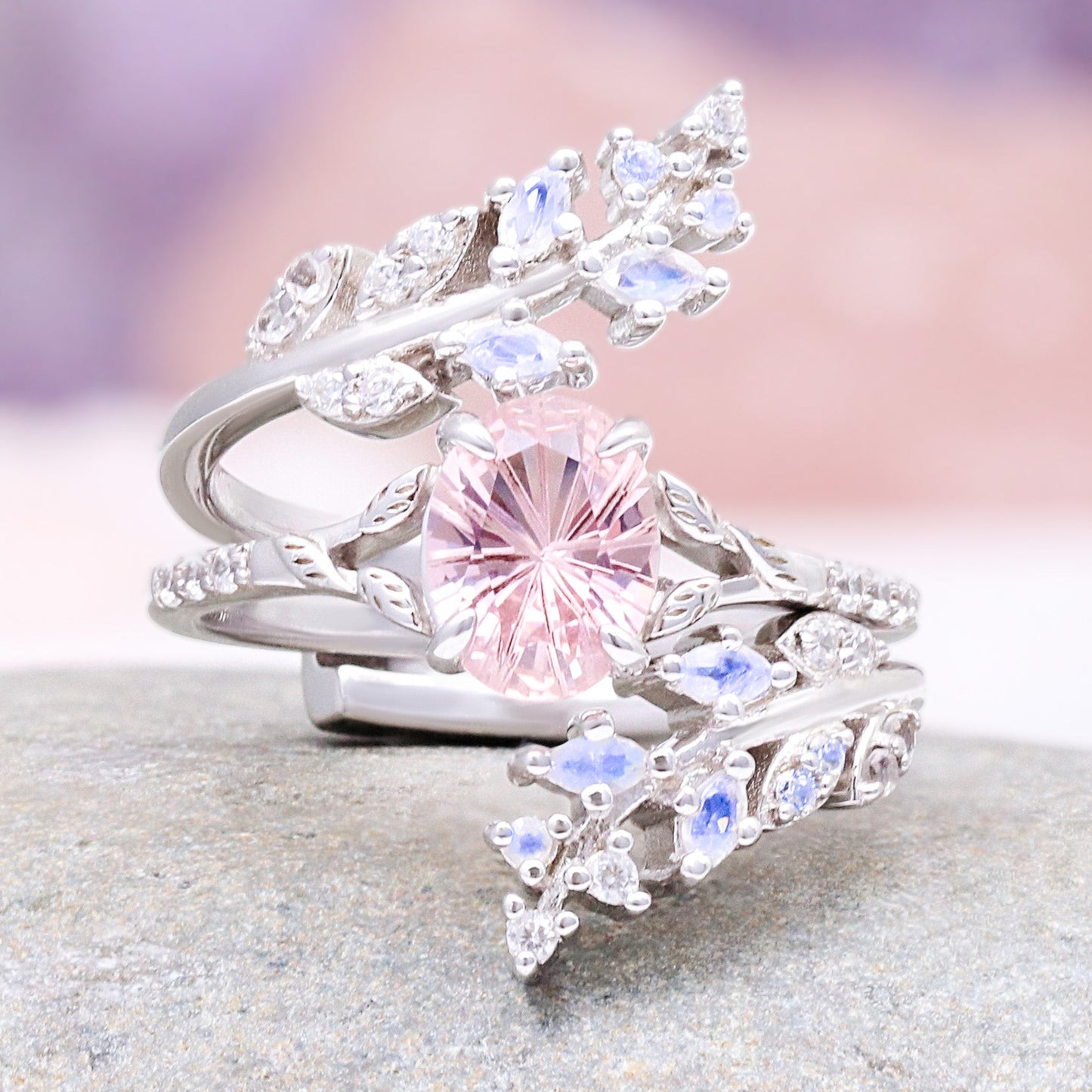 Fireworks Cut Morganite & Moonstone Leaf Couples Ring Set