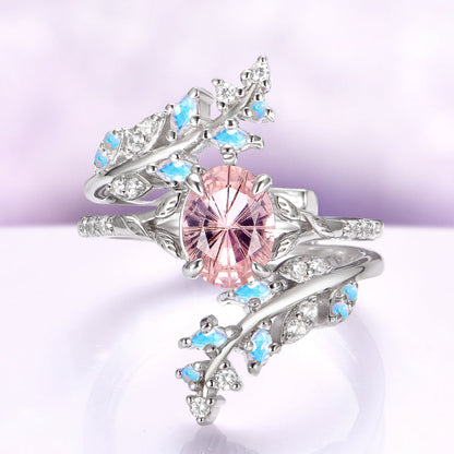 Fireworks Cut Morganite & Moonstone Leaf Couples Ring Set