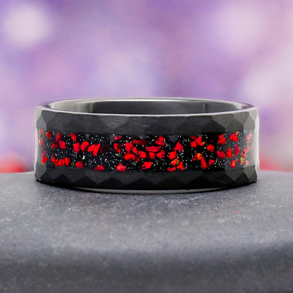 Galaxy Red Fire Opal Hammered Tungsten Couples Ring